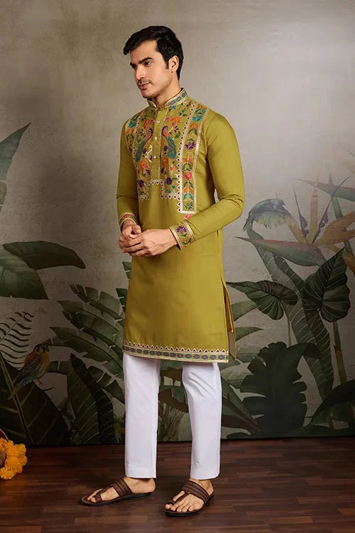Festive Wear Flourescent Green Embroidered Kurta for Men