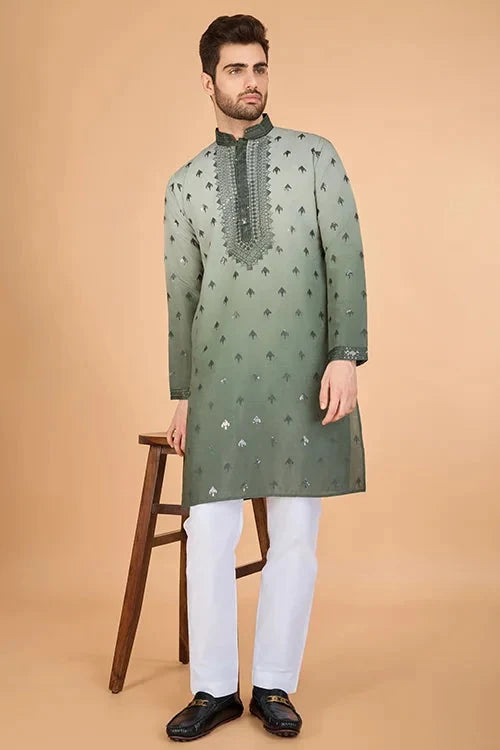Designer Men's Ombre Green Kurta in Viscose Silk