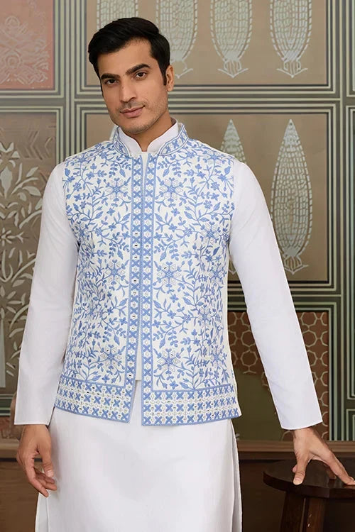 Traditional White Kurta Blue Koti Pajama for Men