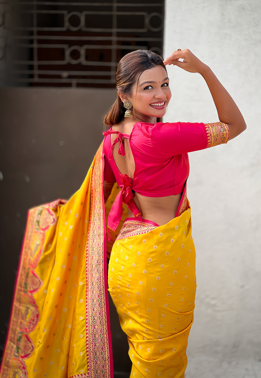 Mustard pashmina darbari silk saree with traditional zari weaving