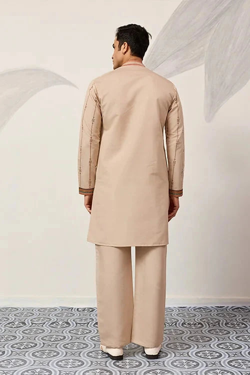 Premium Beige Embroidered V Neck Kurta Pant Set