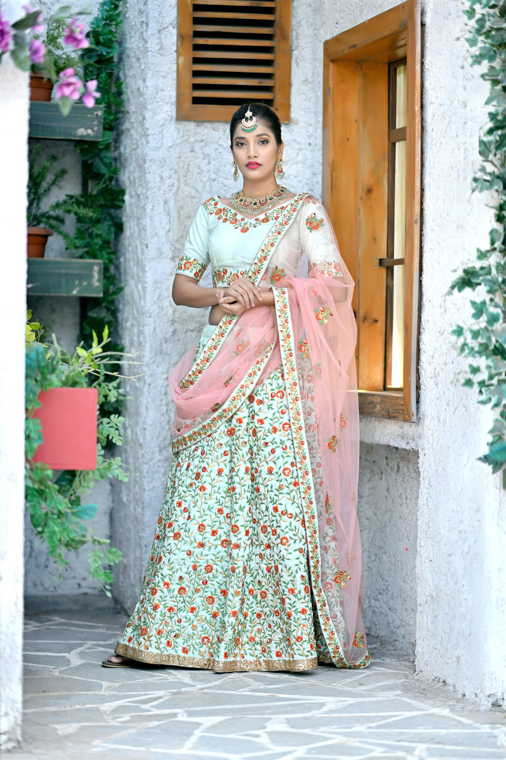 Figurative Mint Green Thread And Sequins Embroidered Silk Bridal Ghagra Choli