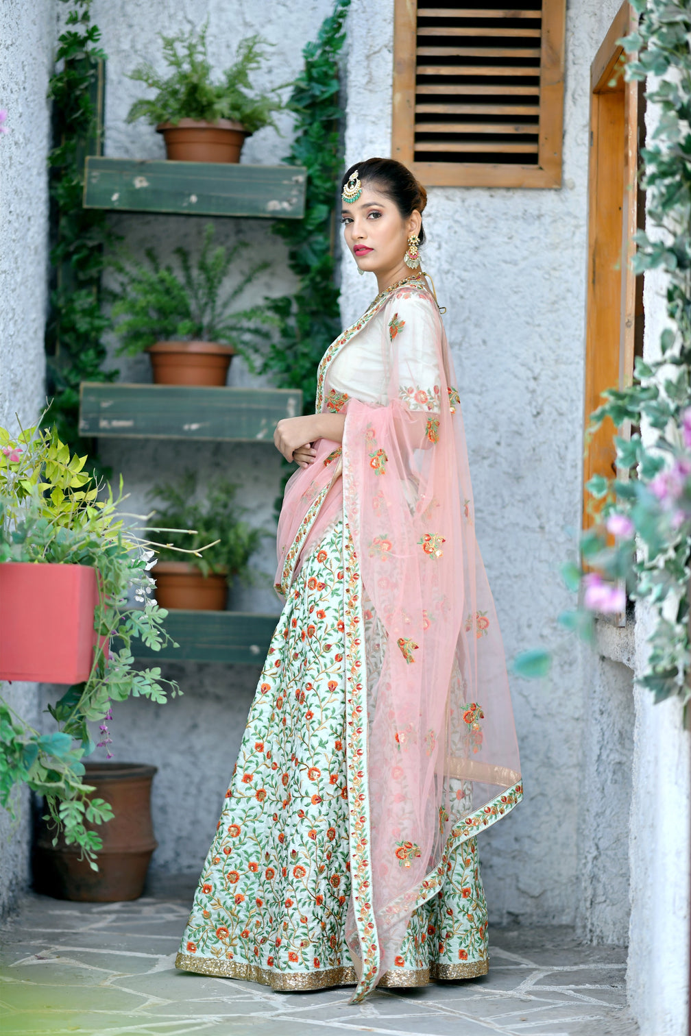 Figurative Mint Green Thread And Sequins Embroidered Silk Bridal Ghagra Choli