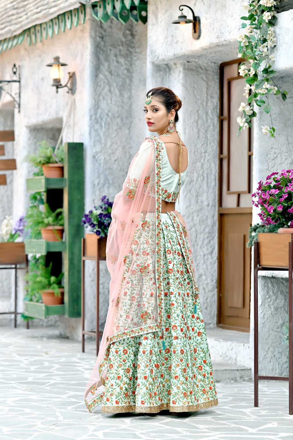 Figurative Mint Green Thread And Sequins Embroidered Silk Bridal Ghagra Choli