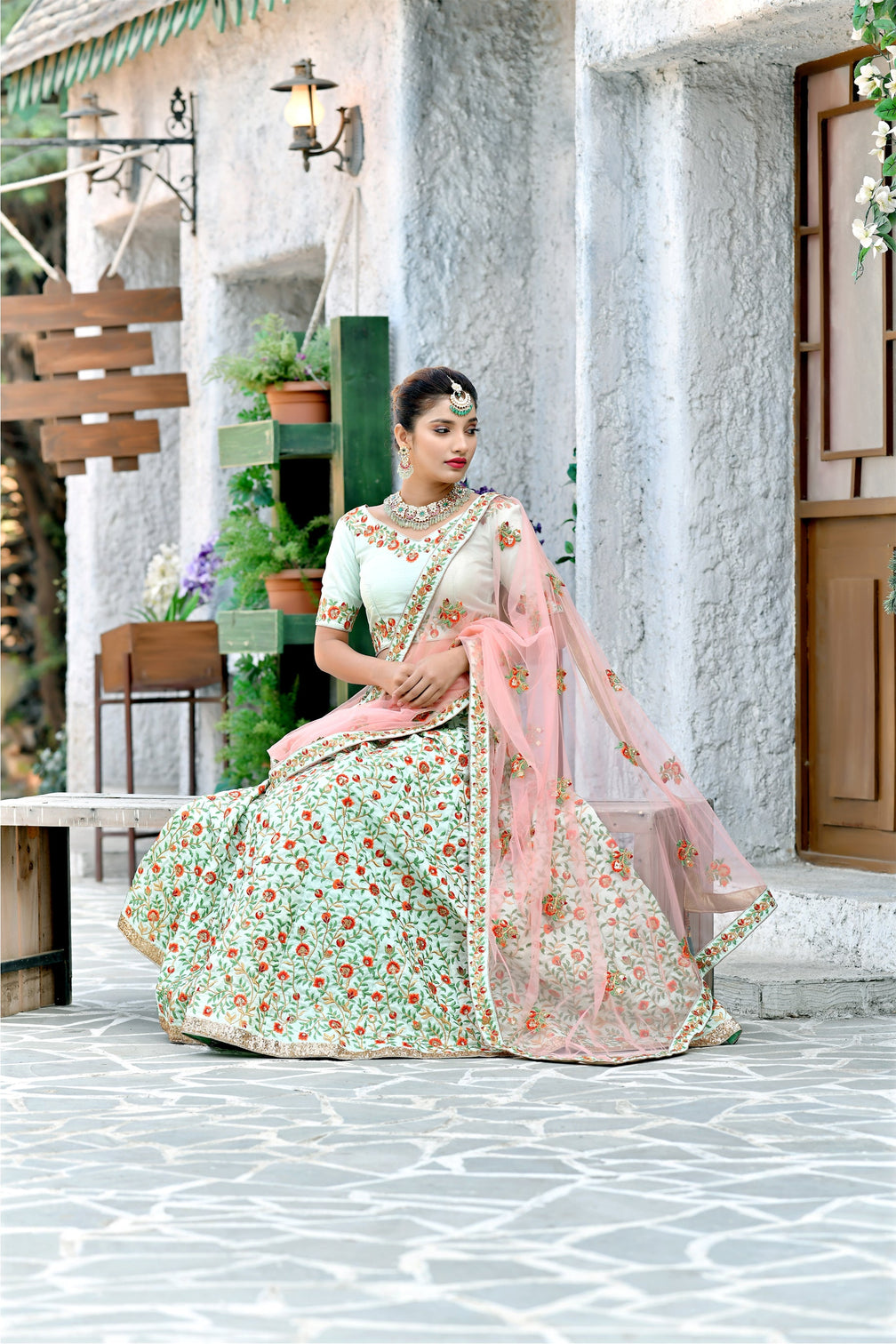 Figurative Mint Green Thread And Sequins Embroidered Silk Bridal Ghagra Choli