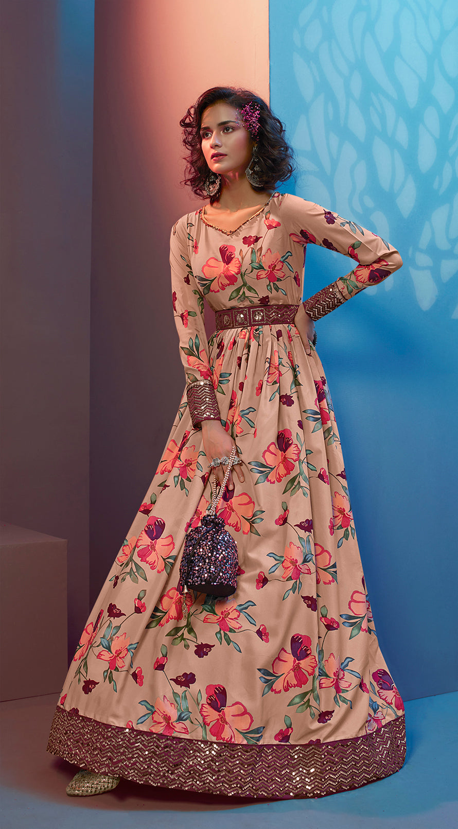 Figurative Peach Print With Sequince Embroidered Natural Crepe Anarkali Long Gown Semi Stitched
