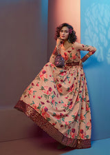 Figurative Peach Print With Sequince Embroidered Natural Crepe Anarkali Long Gown Semi Stitched