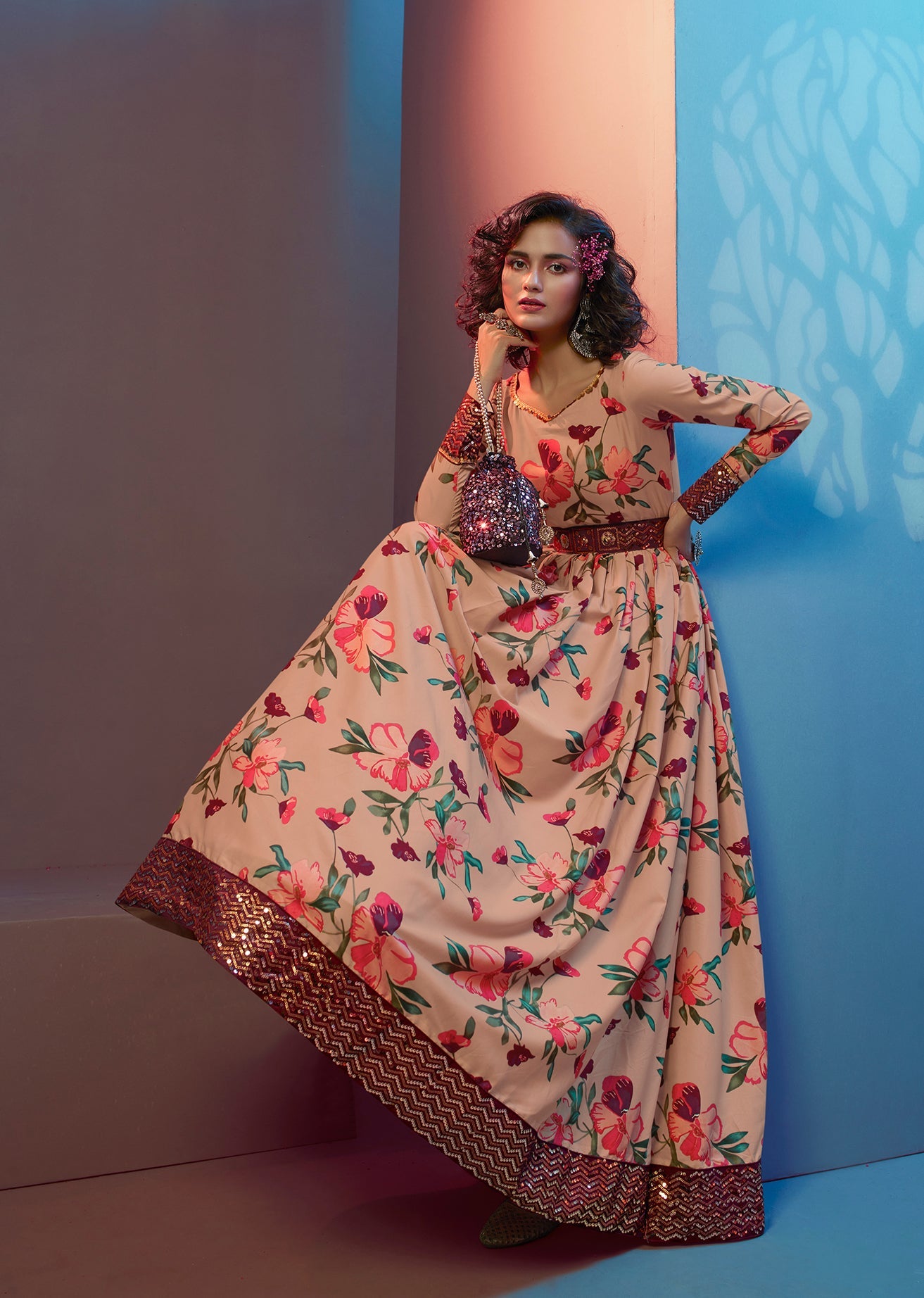Figurative Peach Print With Sequince Embroidered Natural Crepe Anarkali Long Gown Semi Stitched
