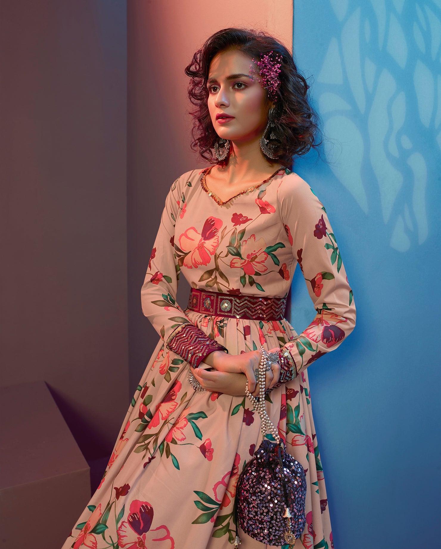 Figurative Peach Print With Sequince Embroidered Natural Crepe Anarkali Long Gown Semi Stitched