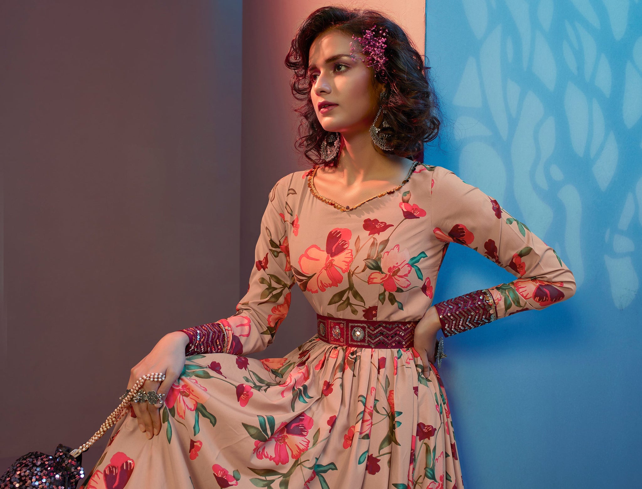 Figurative Peach Print With Sequince Embroidered Natural Crepe Anarkali Long Gown Semi Stitched