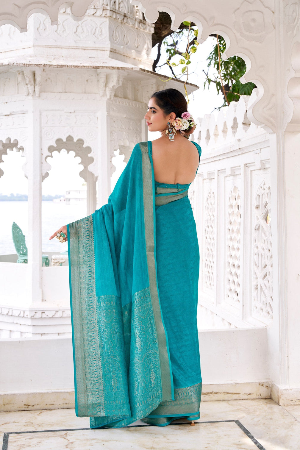 Firozi Elegant Chinon Saree with Self Print & Zari Weaving Work Unstitched Blouse Included