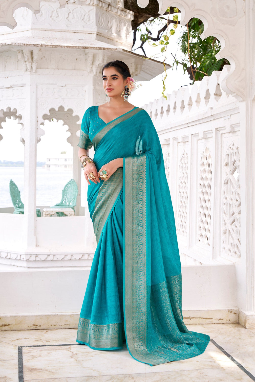 Firozi Elegant Chinon Saree with Self Print & Zari Weaving Work Unstitched Blouse Included
