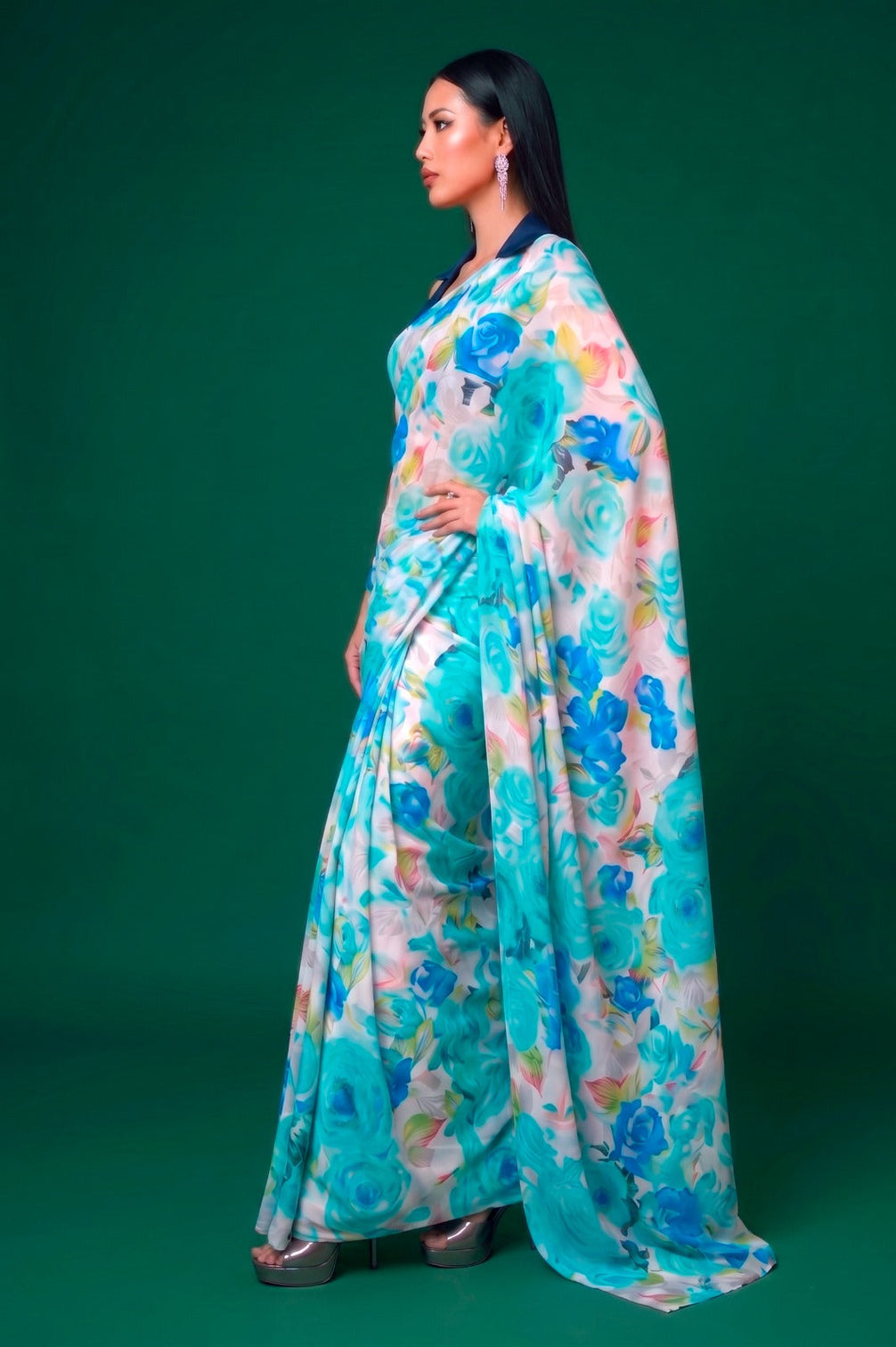 Firozi Elegant Floral Printed Dull Satin Saree with Moonga Silk Blouse
