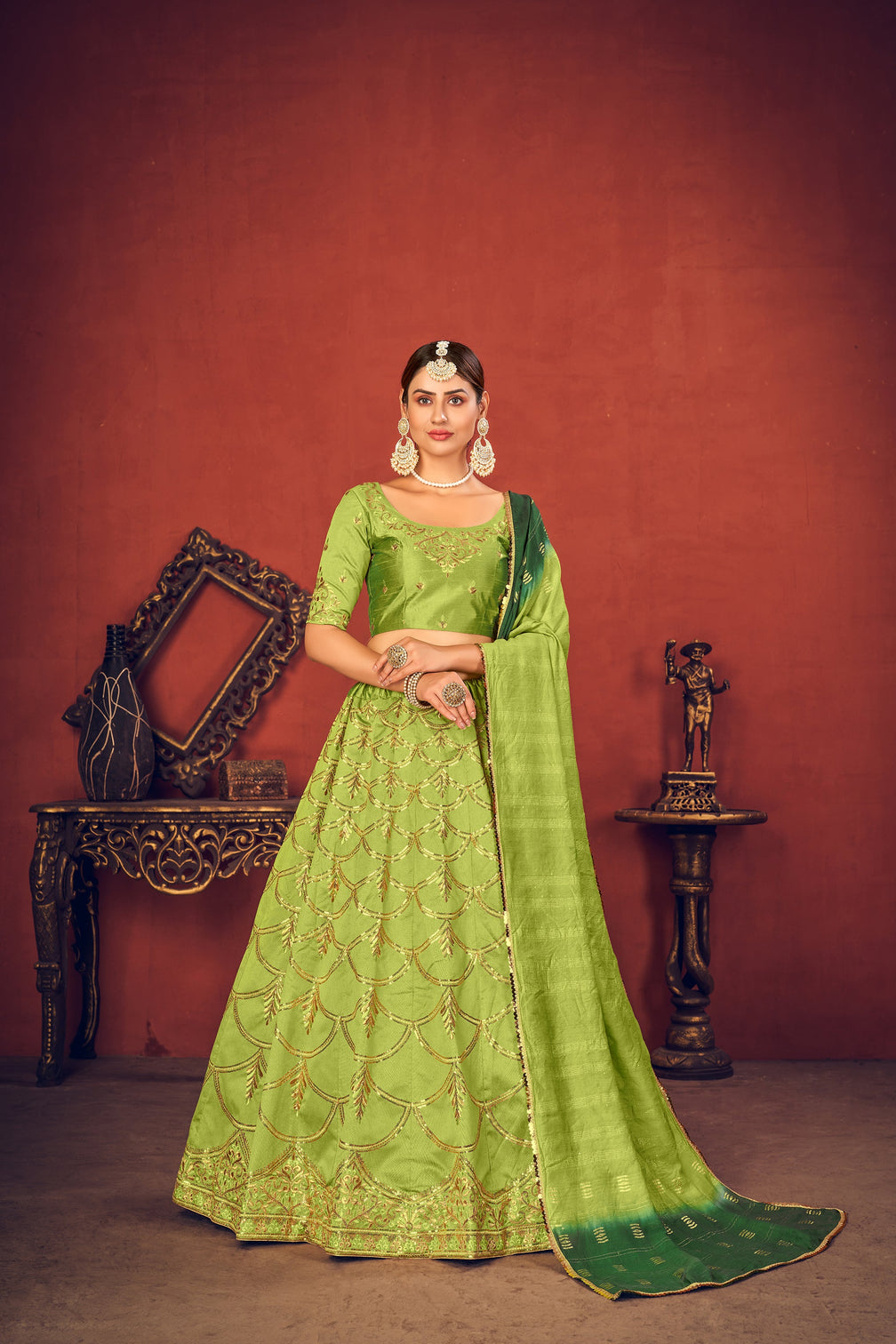 Floracance Green With Art Silk Fabric And Heavy Thread With Sequince Embroidered Work And Including Heavy Can-Can And Canvas Lehenga Choli