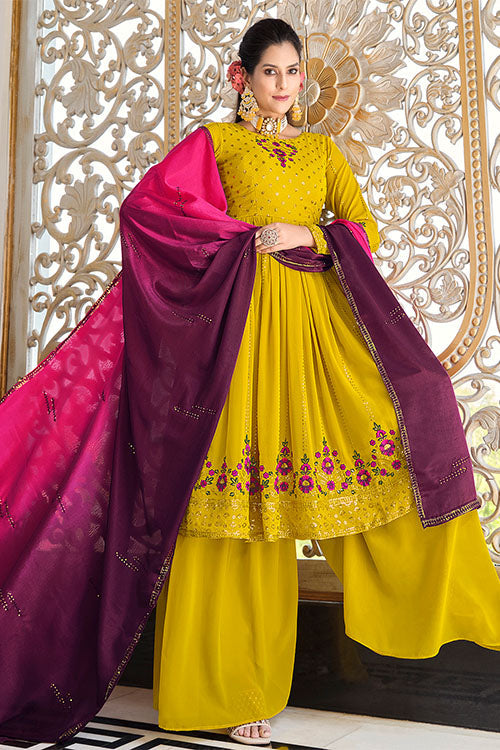 Fluorescent Green Georgette Thread And Sequins Embroidered Kurta Palazzo Set
