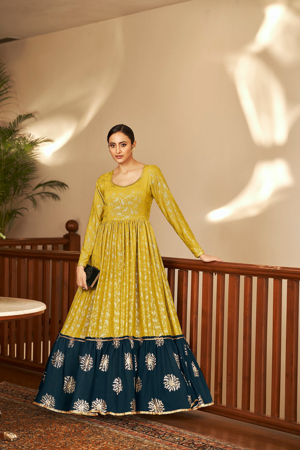 Floracance & Navy Blue Green Metallic Foilage Print Georgette Anarkali Long Gown Semi Stitched