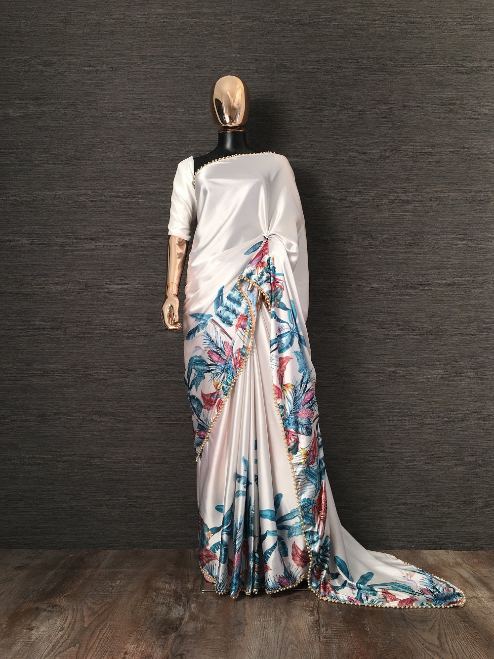 White Color Floral Printed Japan Satin Silk Saree With Pearl Lace Border