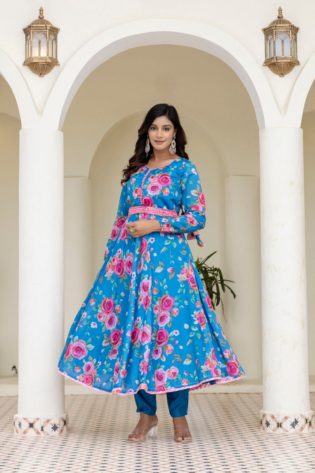 Sky Blue Floral Digital Printed Chinon Co-Ord Set with Dupatta – Fully Stitched & Ready to Wear