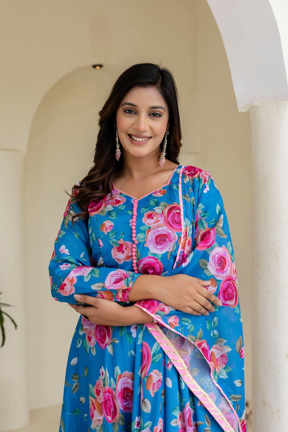 Sky Blue Floral Digital Printed Chinon Co-Ord Set with Dupatta – Fully Stitched & Ready to Wear