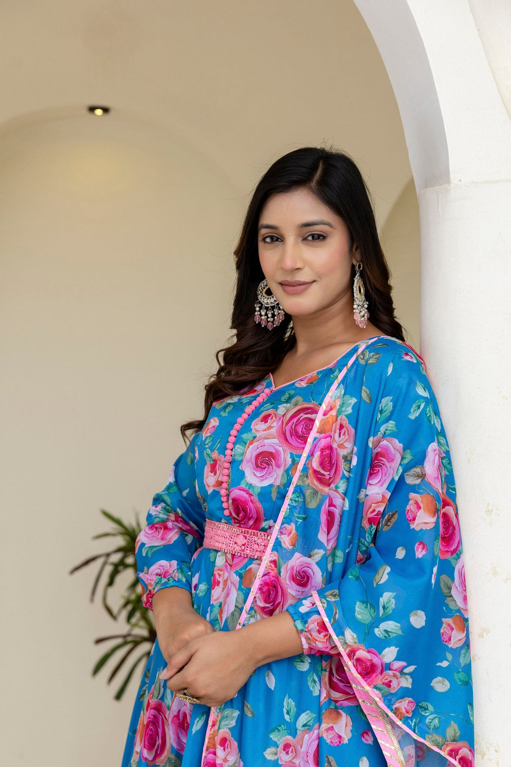 Sky Blue Floral Digital Printed Chinon Co-Ord Set with Dupatta – Fully Stitched & Ready to Wear