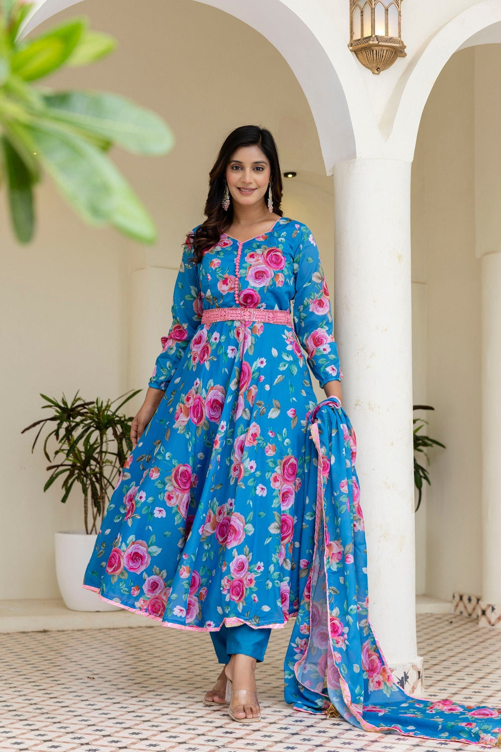 Sky Blue Floral Digital Printed Chinon Co-Ord Set with Dupatta – Fully Stitched & Ready to Wear