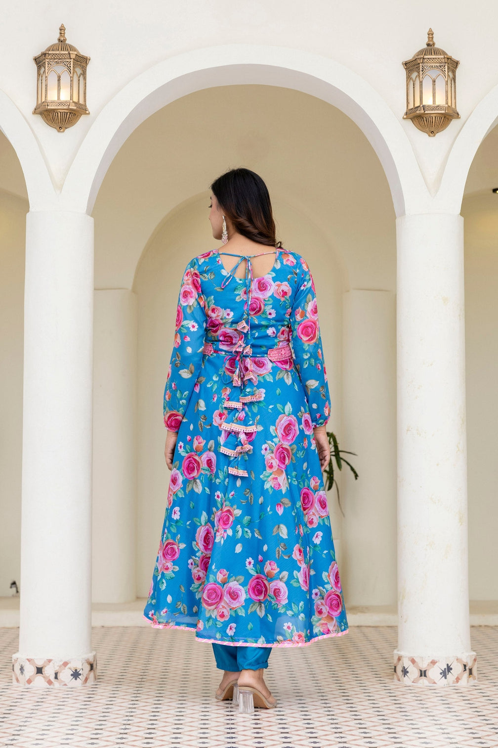Sky Blue Floral Digital Printed Chinon Co-Ord Set with Dupatta – Fully Stitched & Ready to Wear