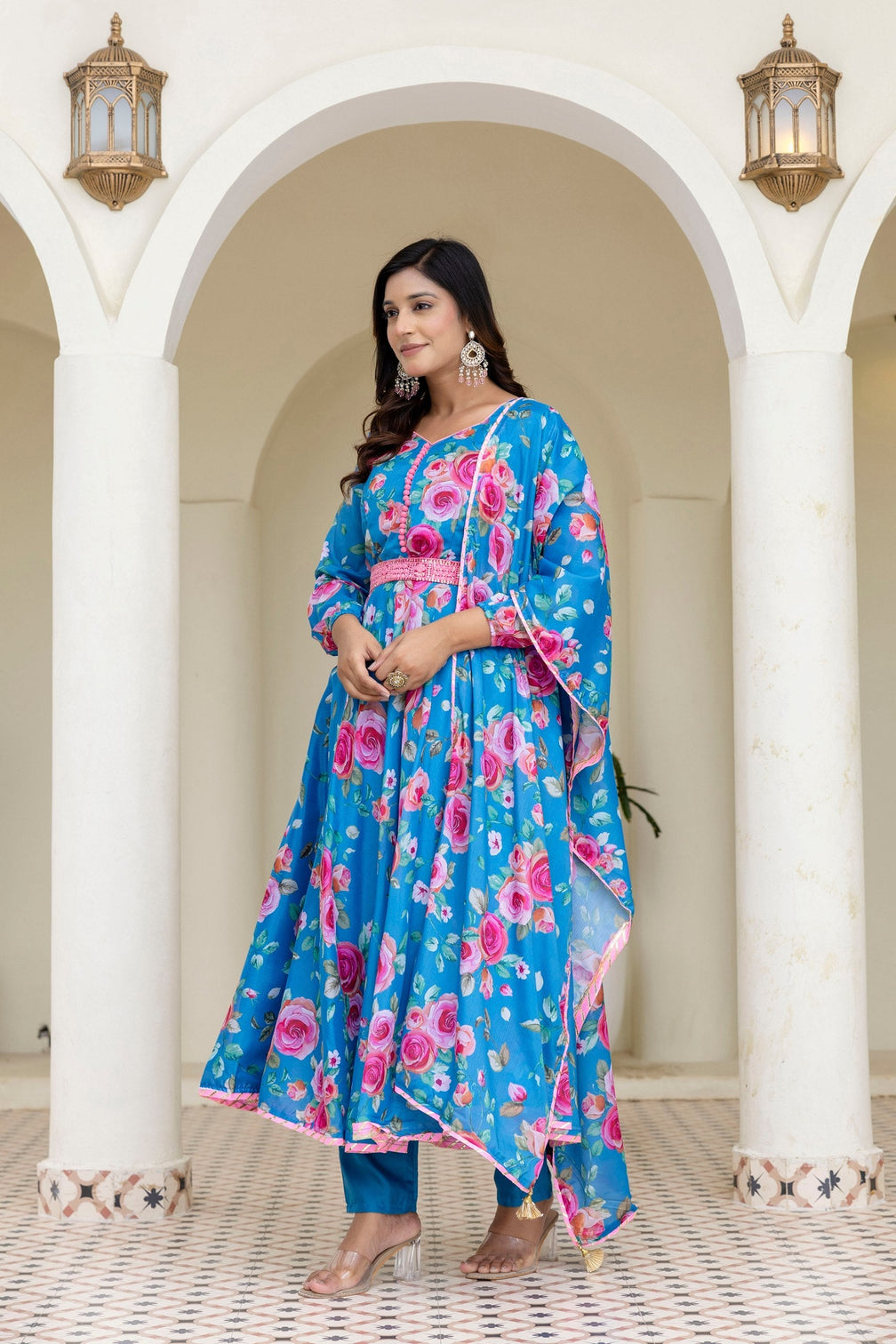 Sky Blue Floral Digital Printed Chinon Co-Ord Set with Dupatta – Fully Stitched & Ready to Wear