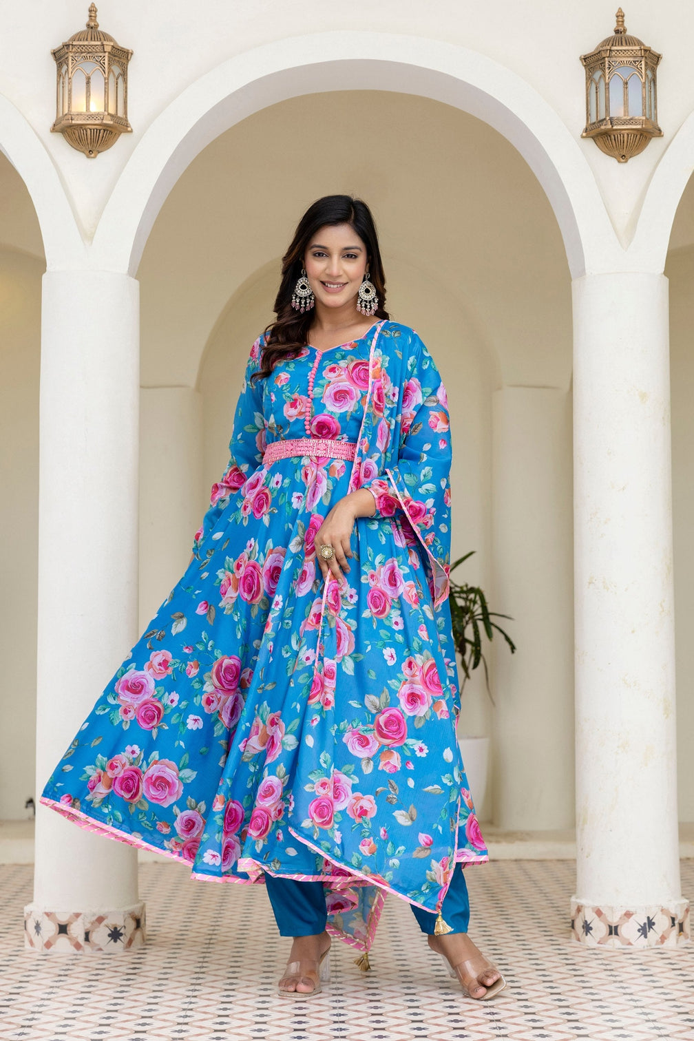Sky Blue Floral Digital Printed Chinon Co-Ord Set with Dupatta – Fully Stitched & Ready to Wear