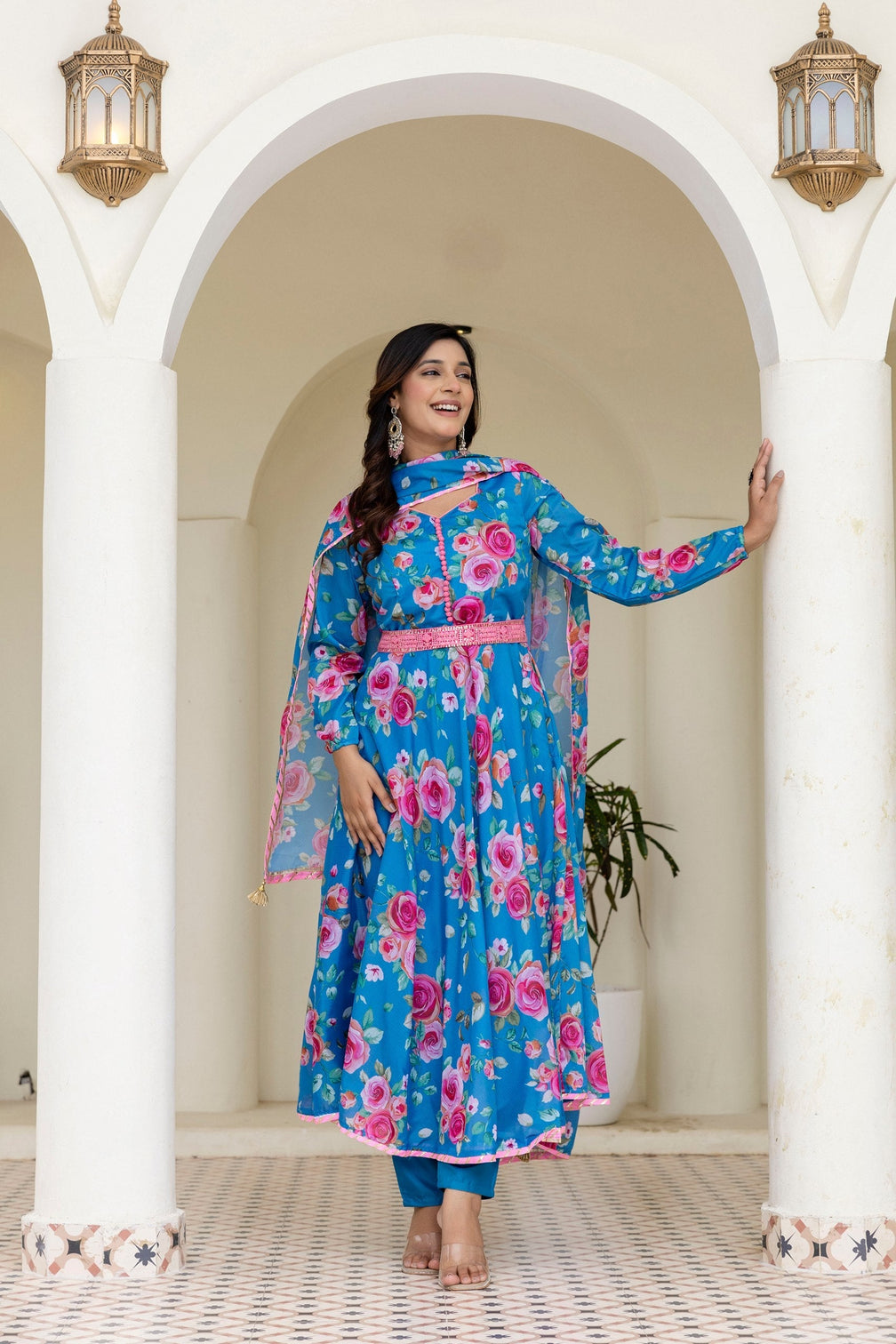 Sky Blue Floral Digital Printed Chinon Co-Ord Set with Dupatta – Fully Stitched & Ready to Wear