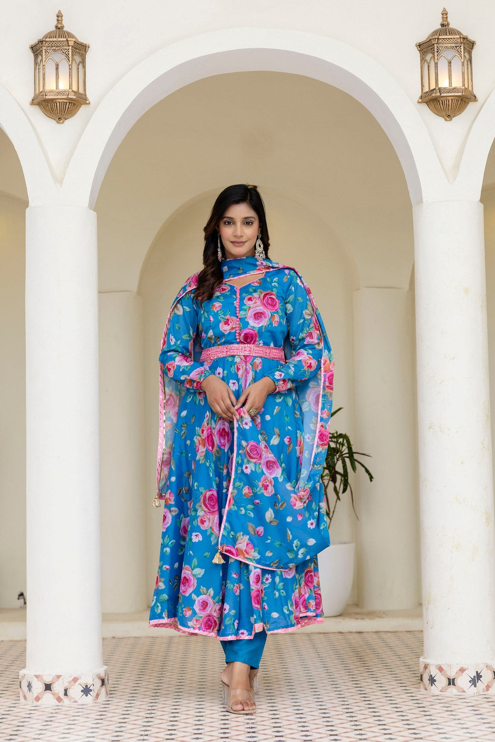 Sky Blue Floral Digital Printed Chinon Co-Ord Set with Dupatta – Fully Stitched & Ready to Wear