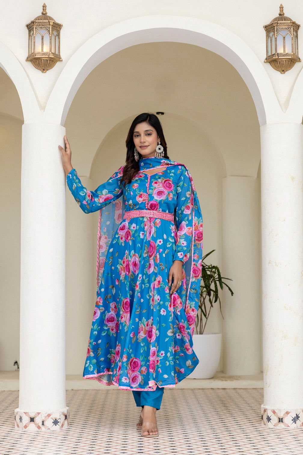 Sky Blue Floral Digital Printed Chinon Co-Ord Set with Dupatta – Fully Stitched & Ready to Wear