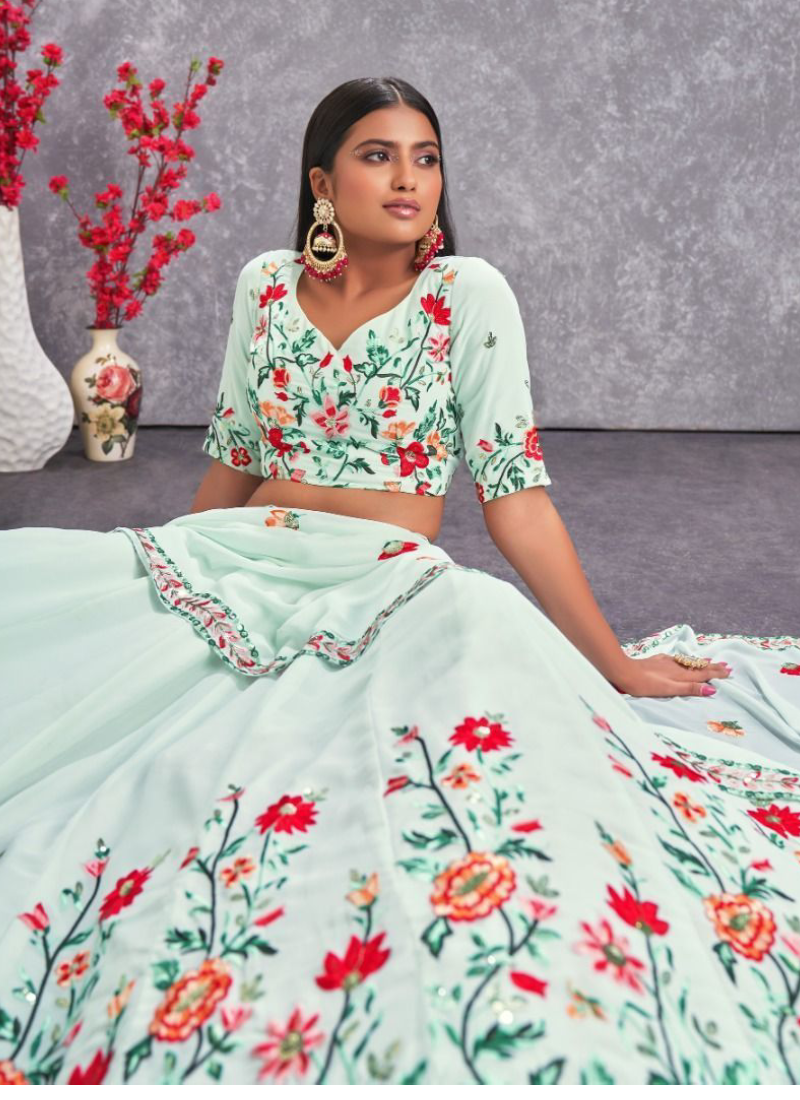 Floral Embroidered Work Georgette Sea Green Lehenga Choli