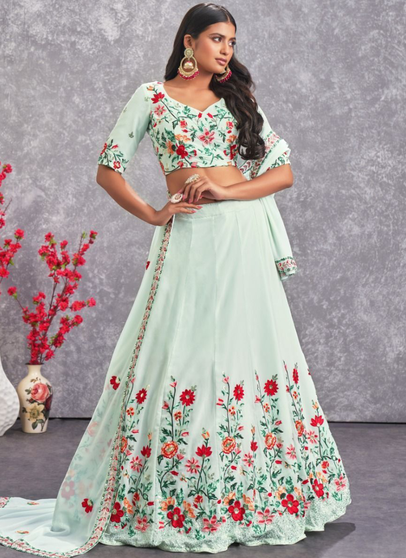 Floral Embroidered Work Georgette Sea Green Lehenga Choli