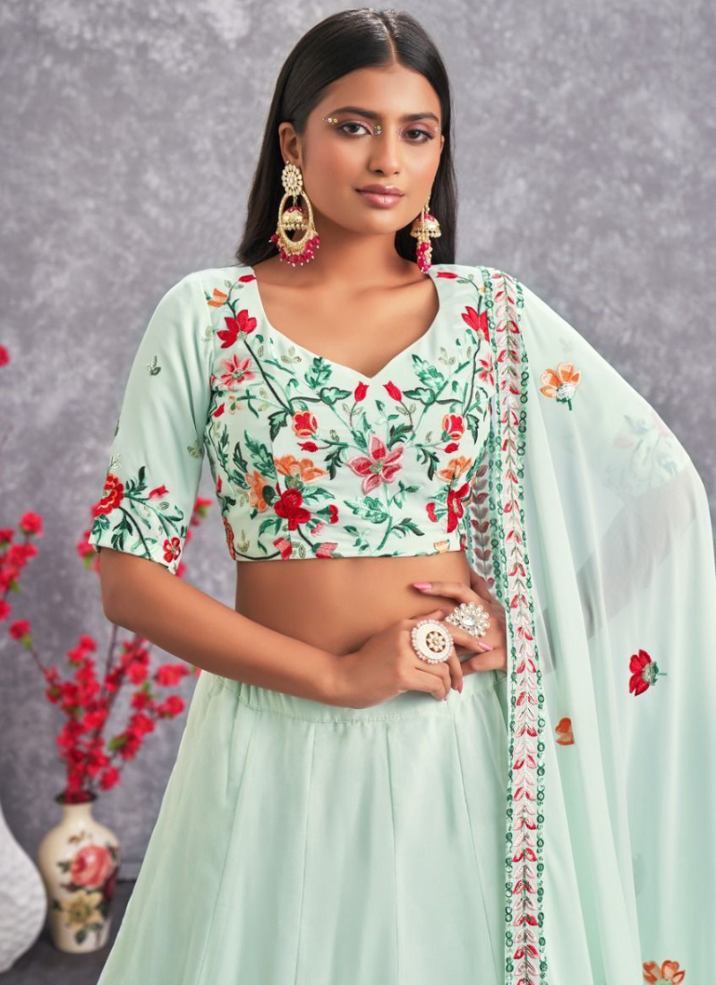 Floral Embroidered Work Georgette Sea Green Lehenga Choli