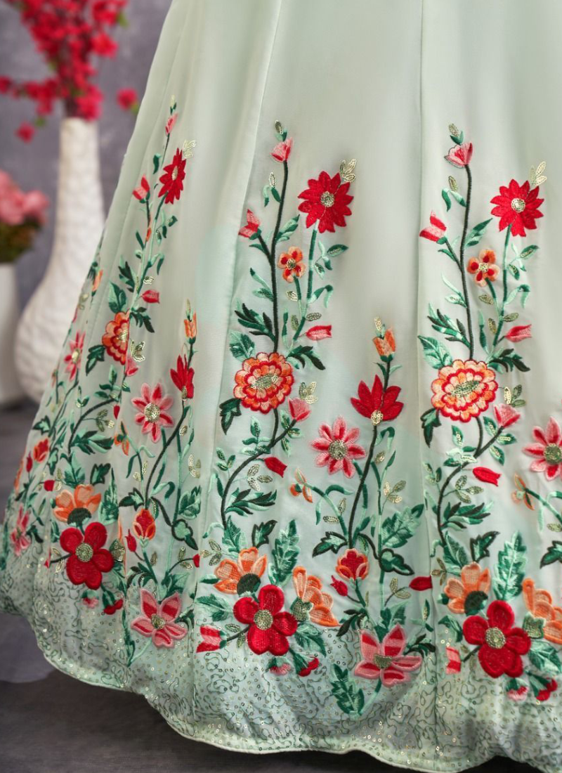 Floral Embroidered Work Georgette Sea Green Lehenga Choli