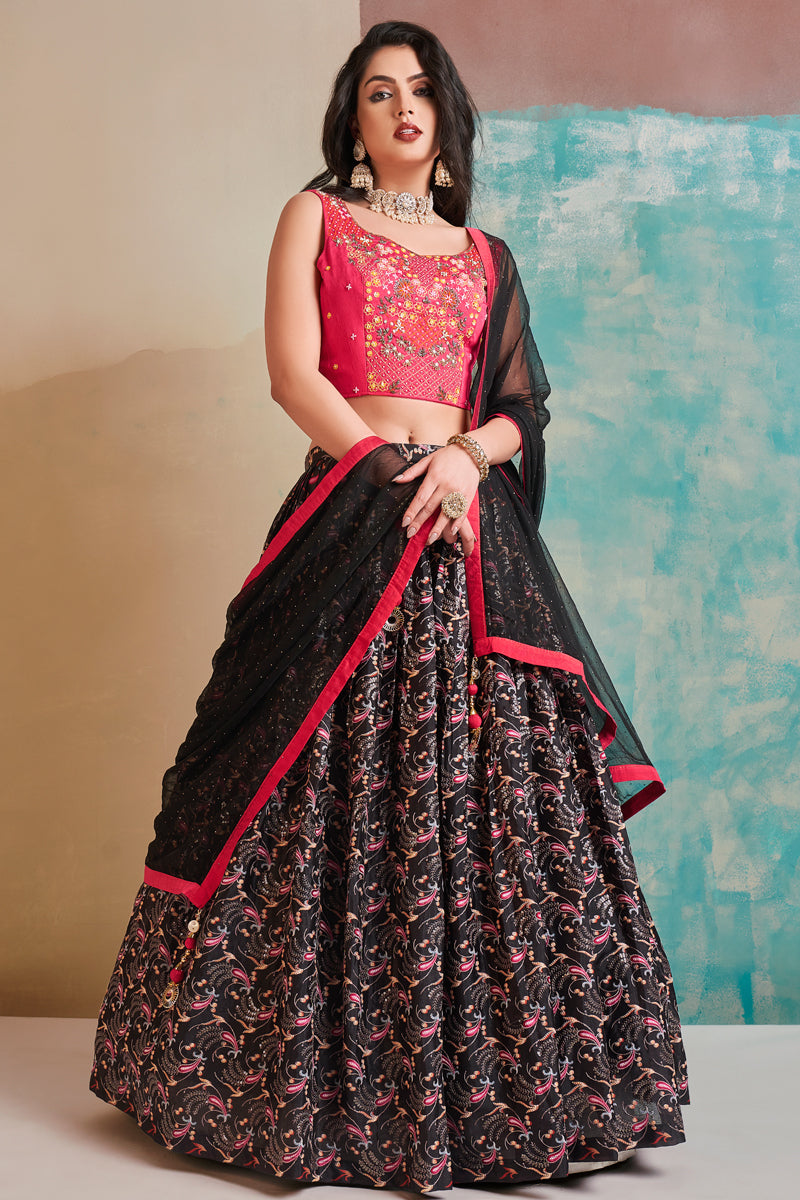 Attrective Chinon Fabric Black Color Readymade Lehenga Choli