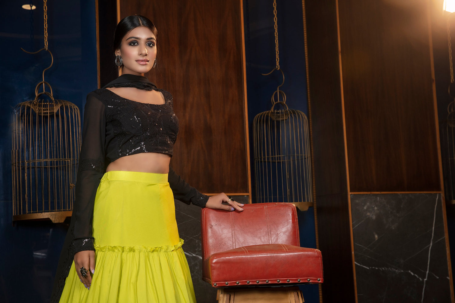 Florescent Green Thread & Sequence Embroidered Cotton Georgette Lehenga
