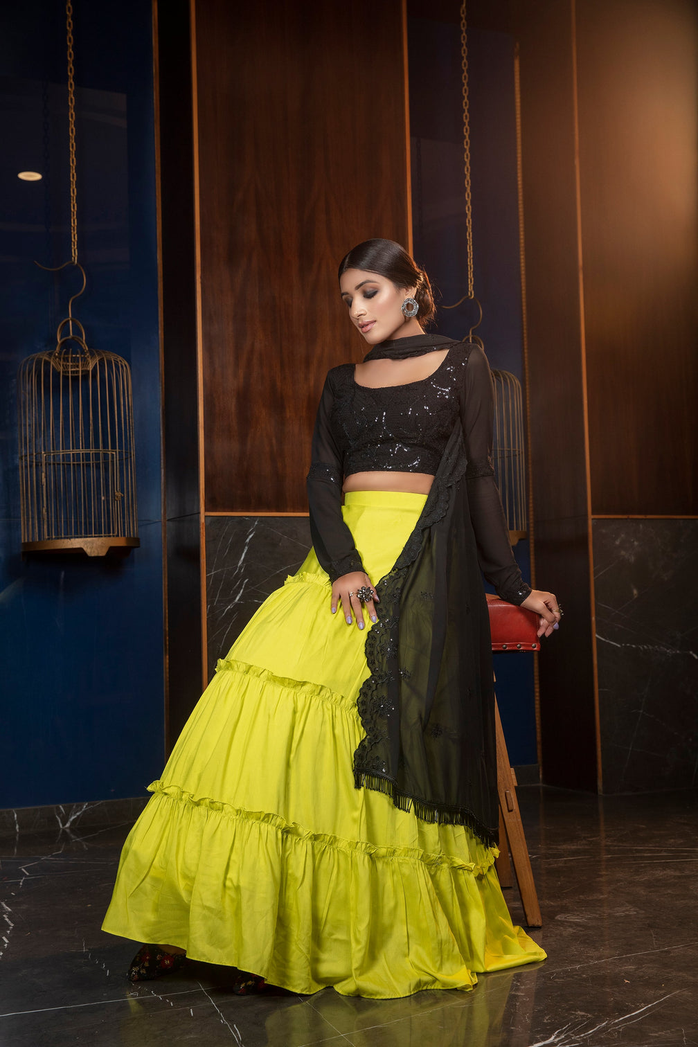 Florescent Green Thread & Sequence Embroidered Cotton Georgette Lehenga