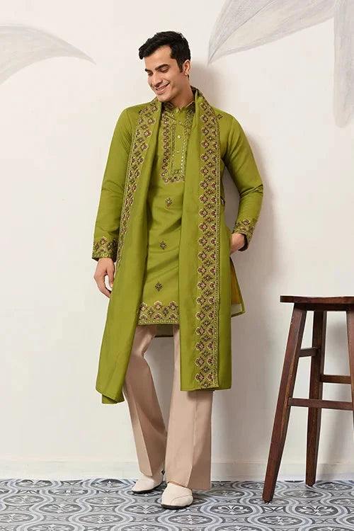 Classic Wedding Fluorescent Green Mens Wear Kurta with Dupatta