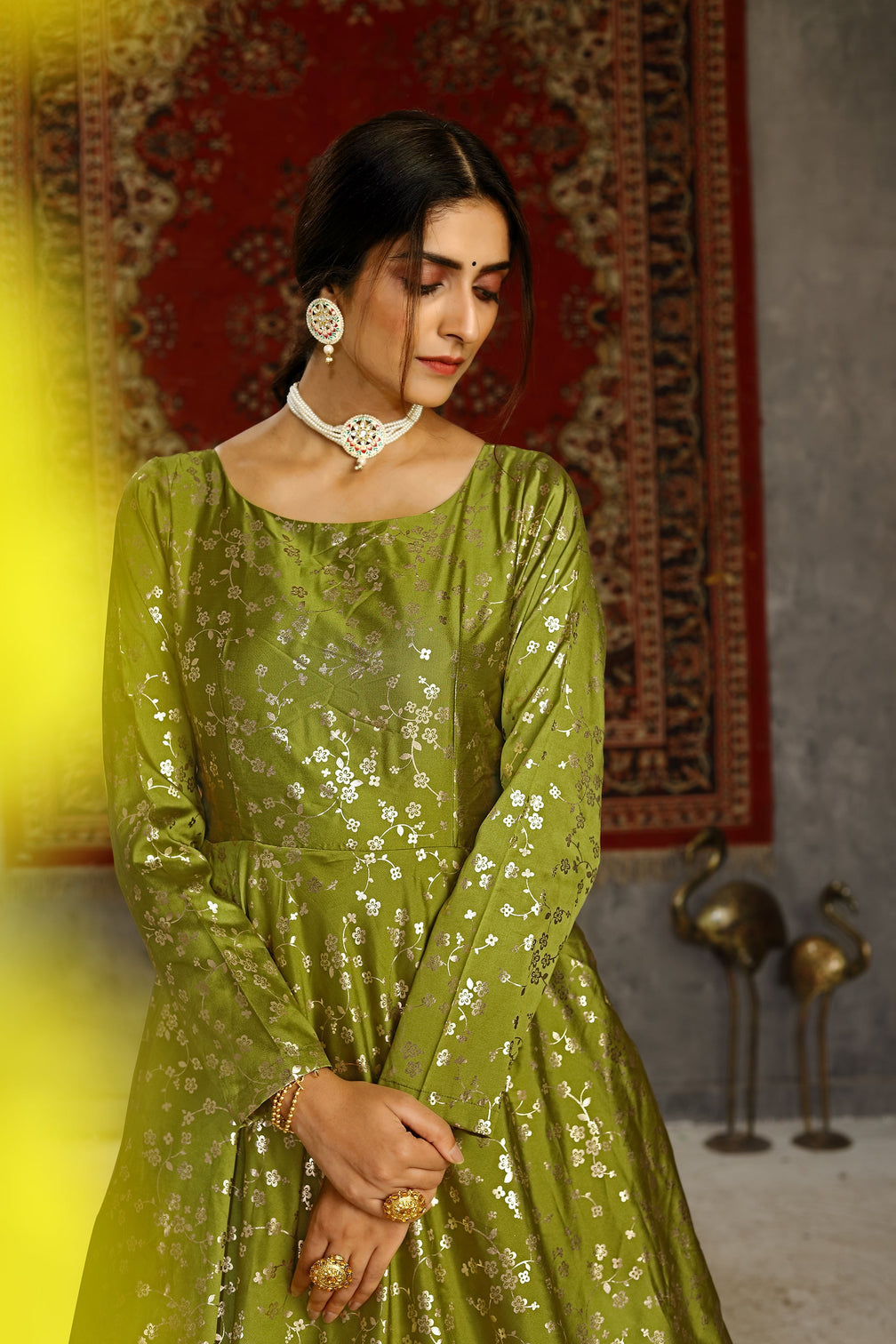 Fluorescent Green Taffeta Metalic Foil Work Anarkali Gown Party Wear