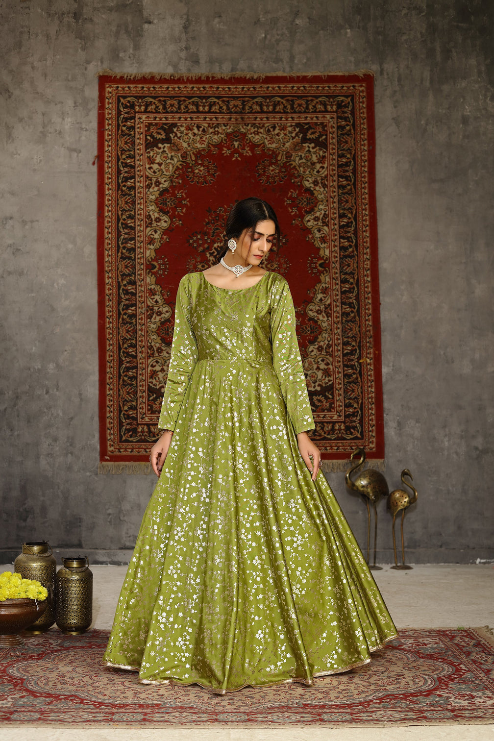 Fluorescent Green Taffeta Metalic Foil Work Anarkali Gown Party Wear