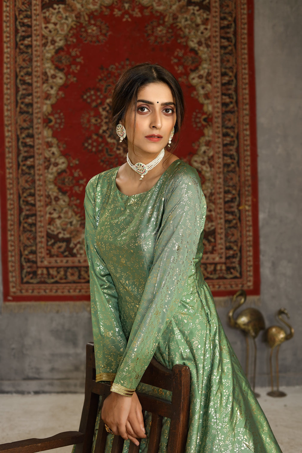 Foil Print Taffeta Silk Pistachio Green Eid Anarkali Suit