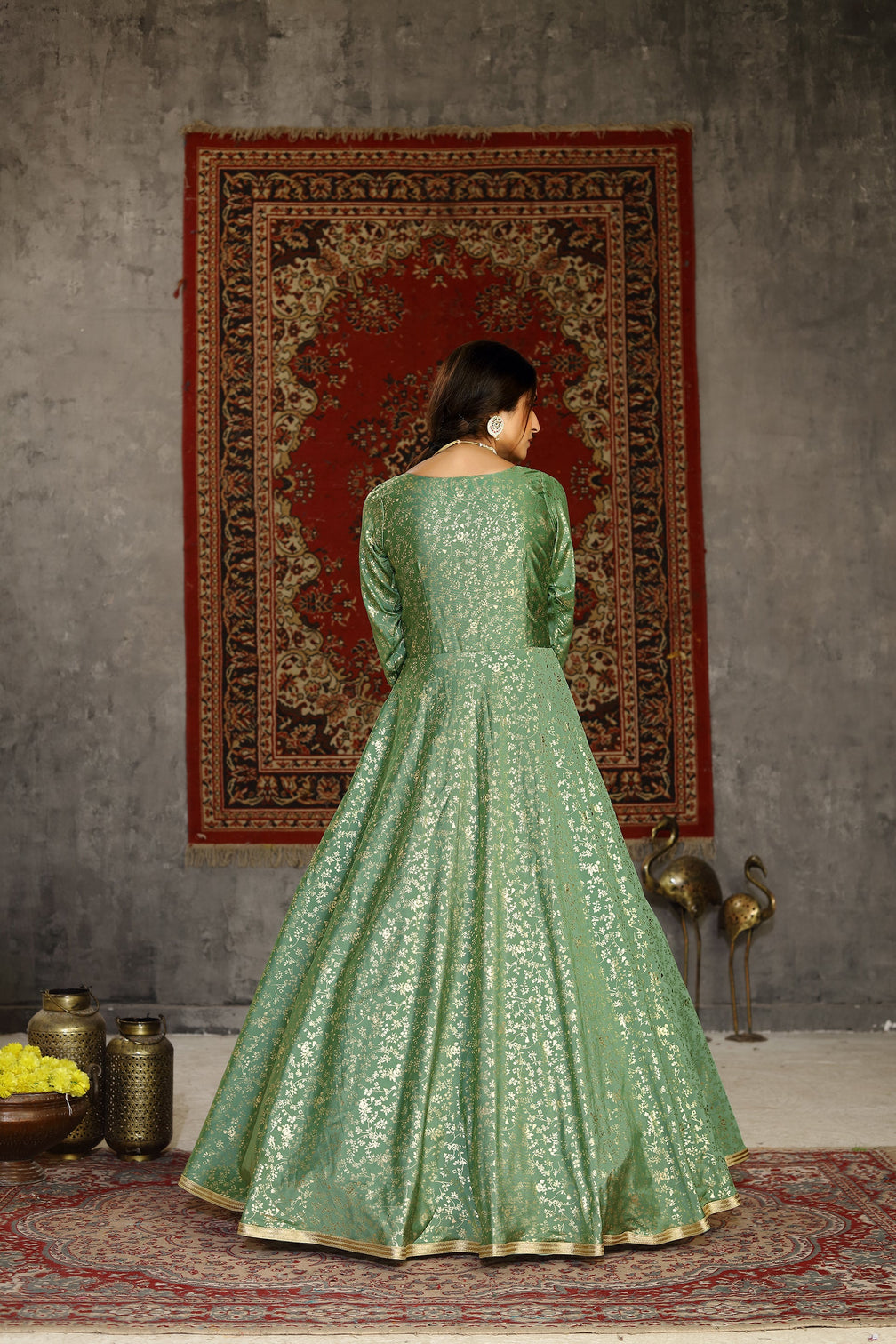 Foil Print Taffeta Silk Pistachio Green Eid Anarkali Suit