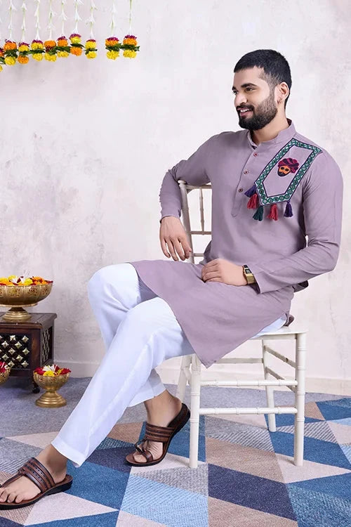 Dusty Purple Embroidered Men's Kurta - Formal Wear