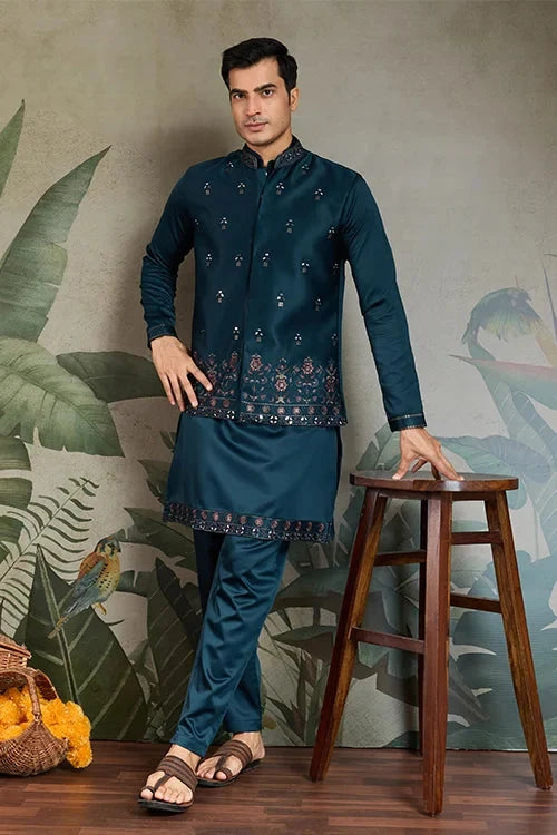 Teal Blue Embroidered Kurta Koti Set for Men