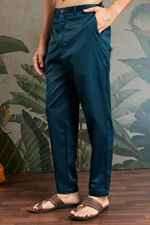Teal Blue Embroidered Kurta Koti Set for Men