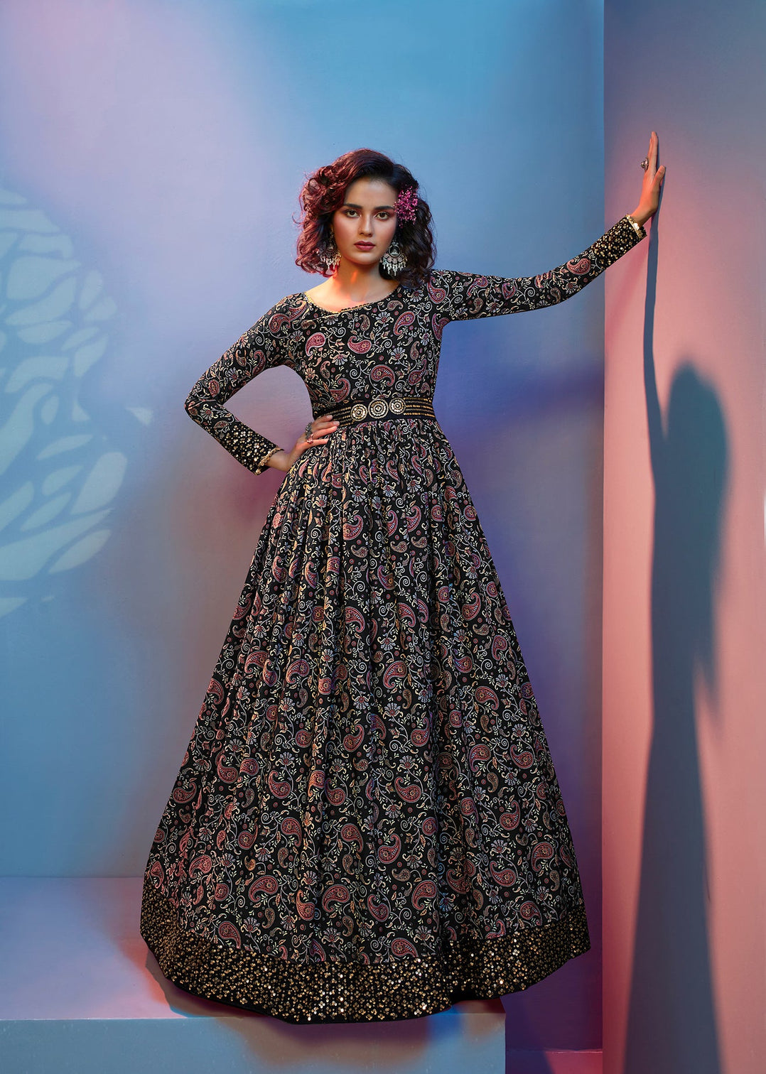 Full Sleeves Black Floral Gown With Fancy Sequins Work Belt