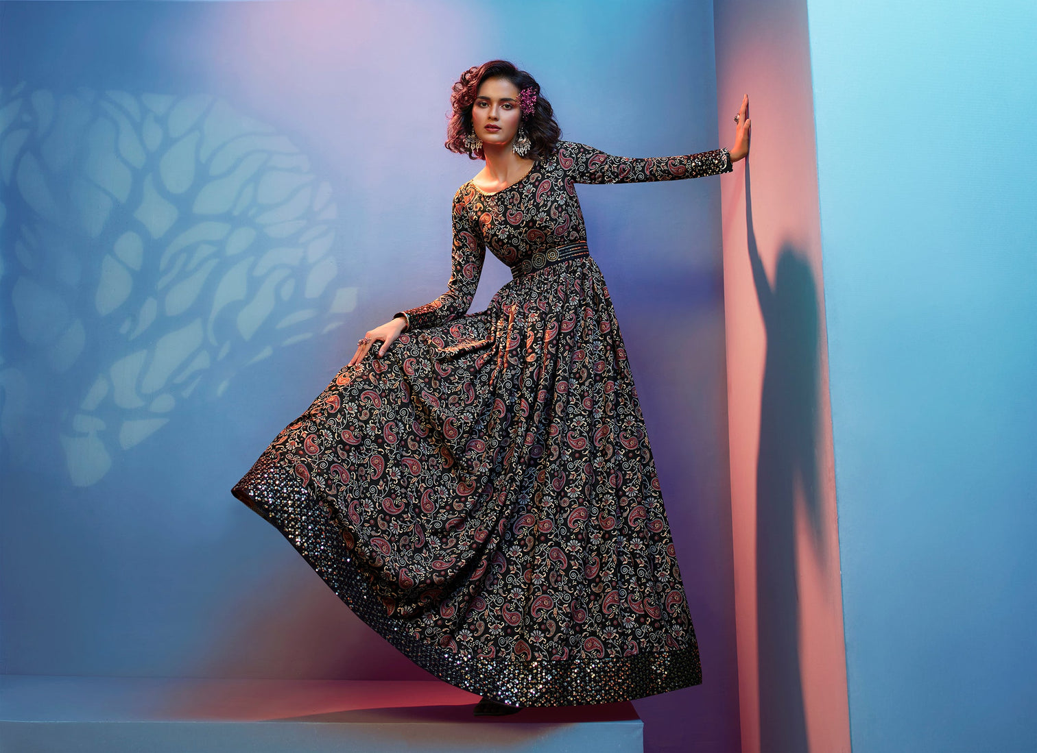 Full Sleeves Black Floral Gown With Fancy Sequins Work Belt