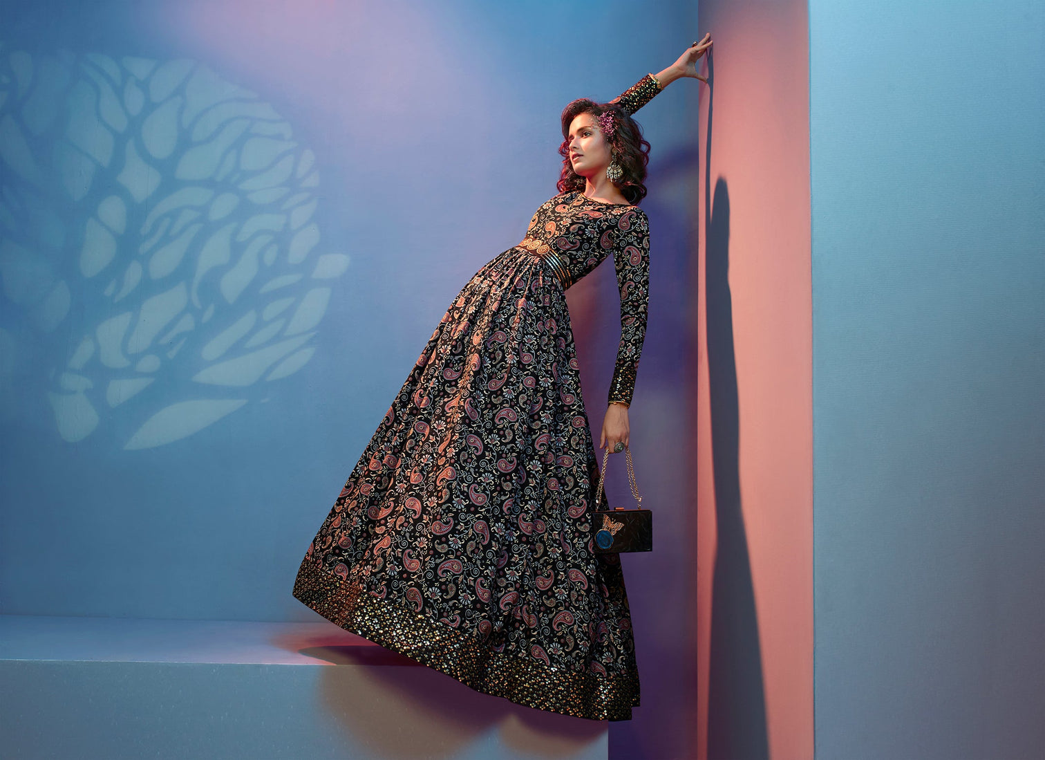 Full Sleeves Black Floral Gown With Fancy Sequins Work Belt