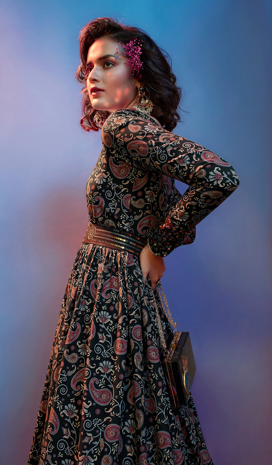 Full Sleeves Black Floral Gown With Fancy Sequins Work Belt
